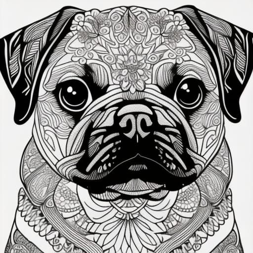 Intricate Pug Coloring Page in Pencil Sketch Style
