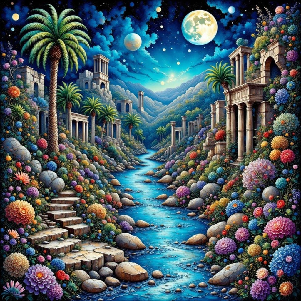 Blue River Through Greek Ruins Under Moonlight