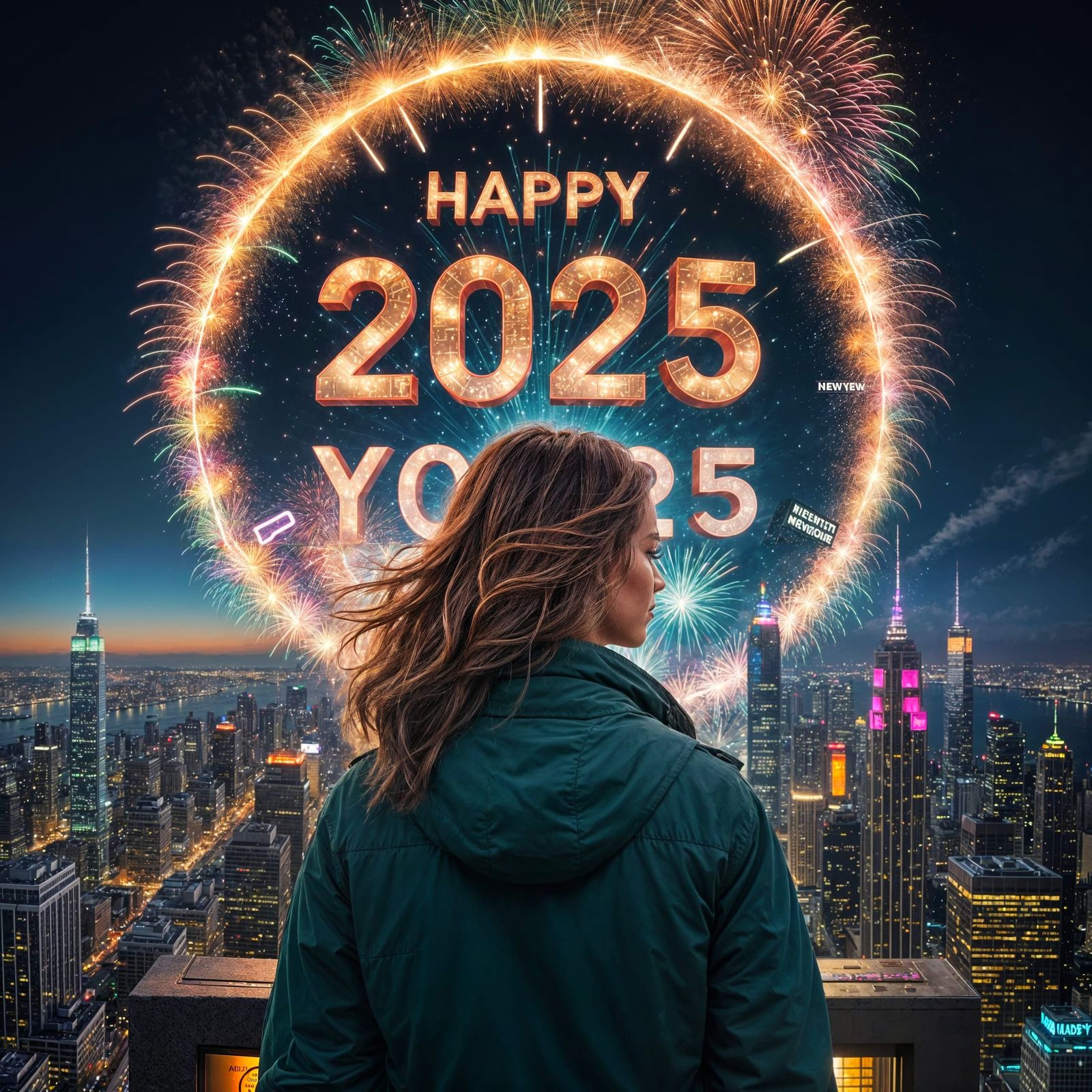 Ethereal Woman Contemplates New Year's Countdown in a Vibran...