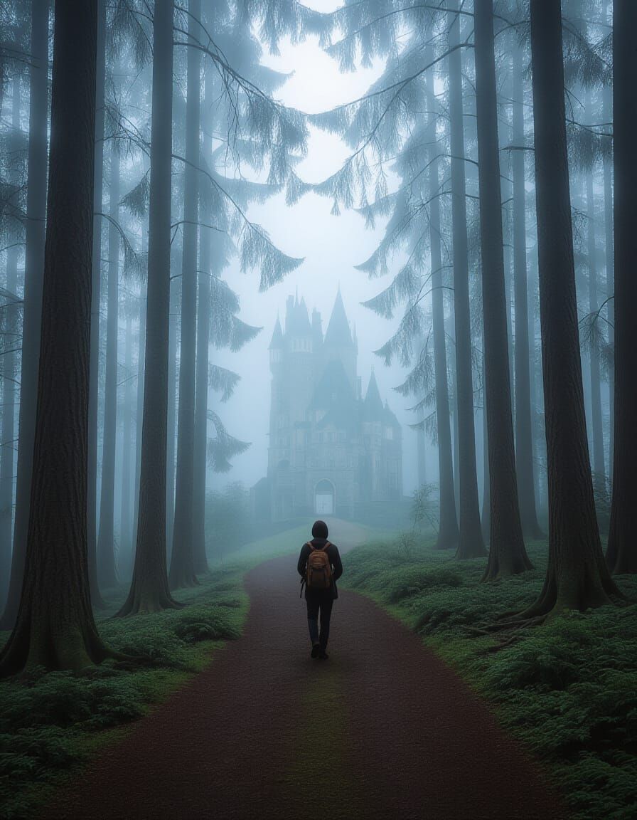 Traveler Approaches Misty Fairytale Castle in Foggy Forest