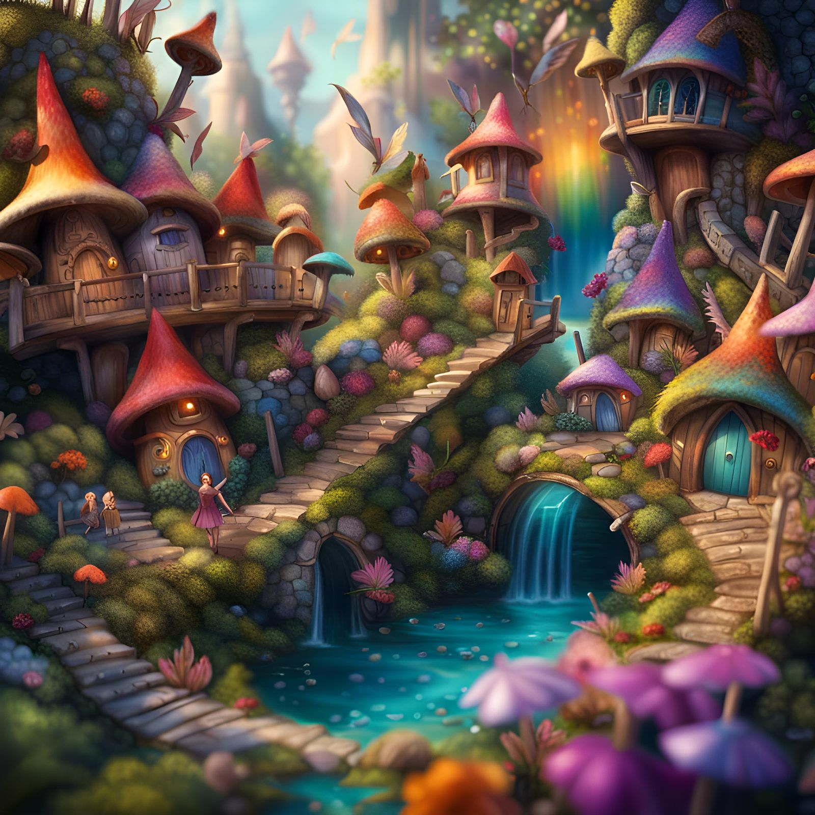 Hyperrealistic Fairy Village with Fairies in Maximalist Styl...