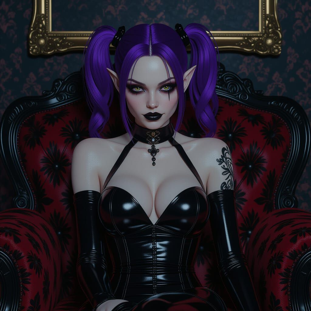 Alluring Goblin Woman in Latex on Victorian Sofa