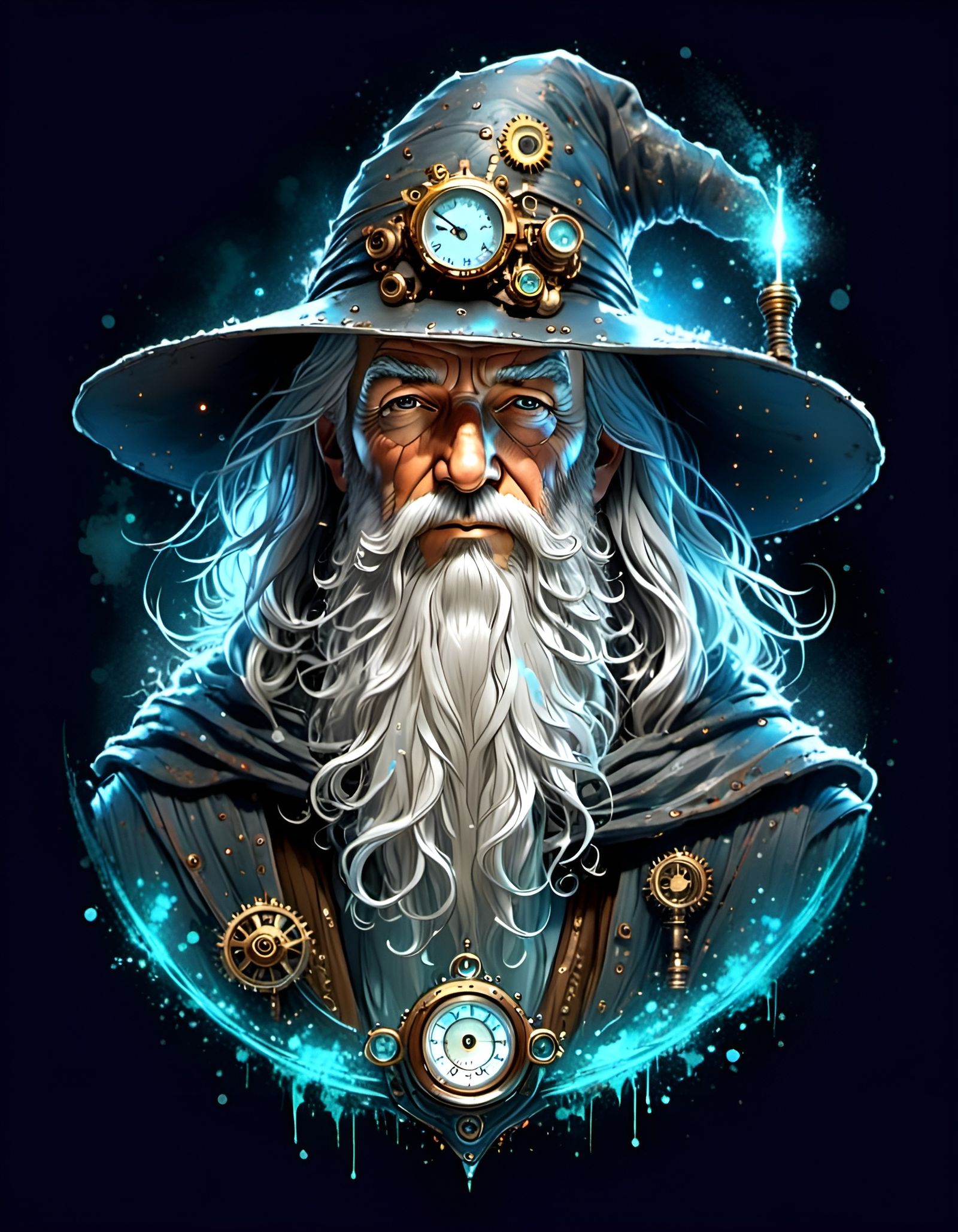 Steampunk Gandalf Portrait with Luminescent Line Art