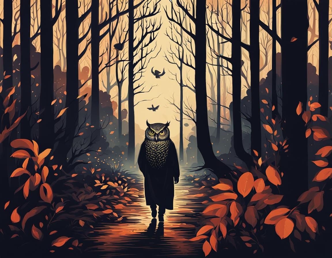 Owl-Headed Man Walks in Dark Forest