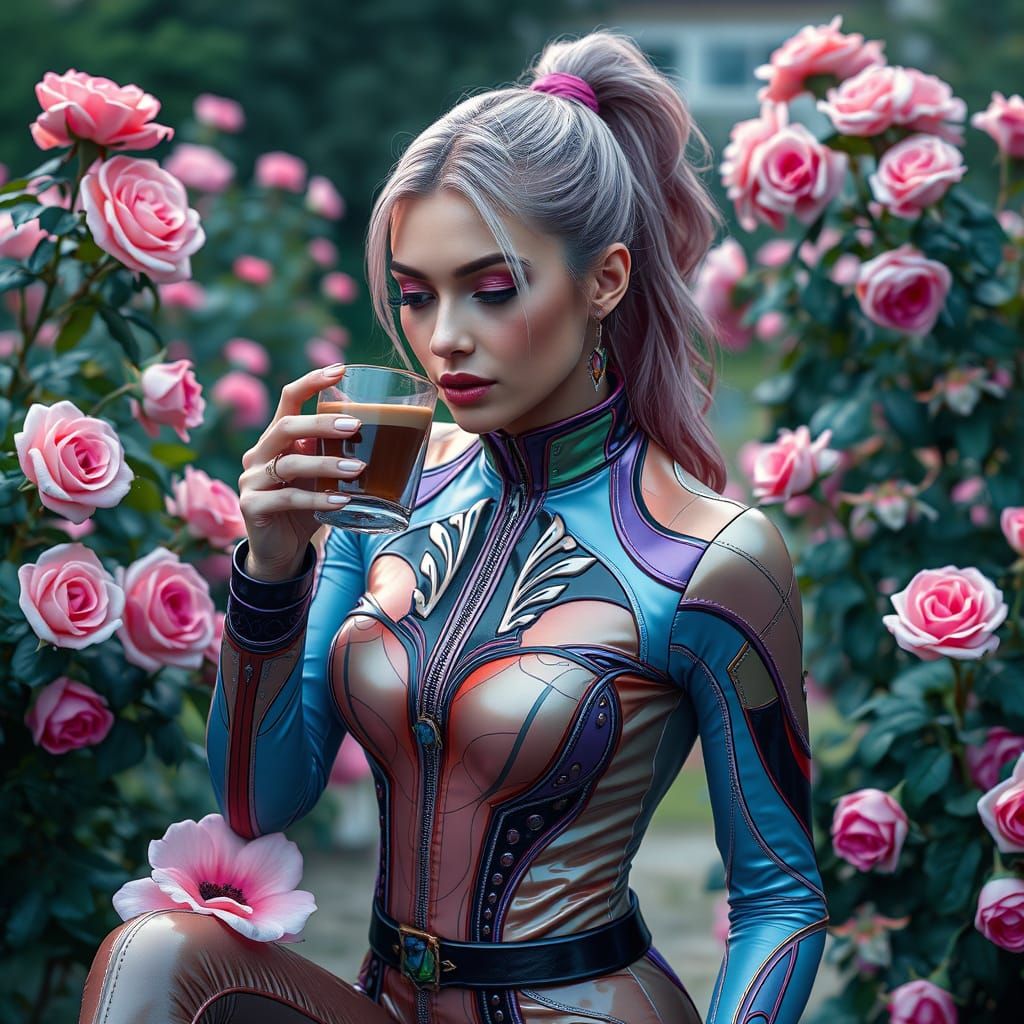 Woman in Latex Jumpsuit with Espresso in Rose Garden