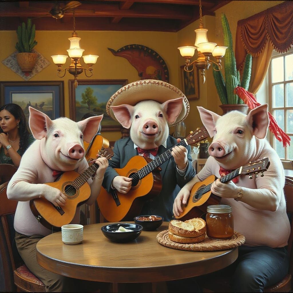 Pigs Play Mariachi Music in Restaurant Oil Painting