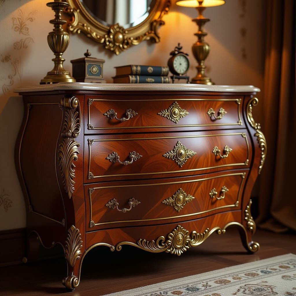 Steampunk Kommode with Golden Accents and Brass Fixtures