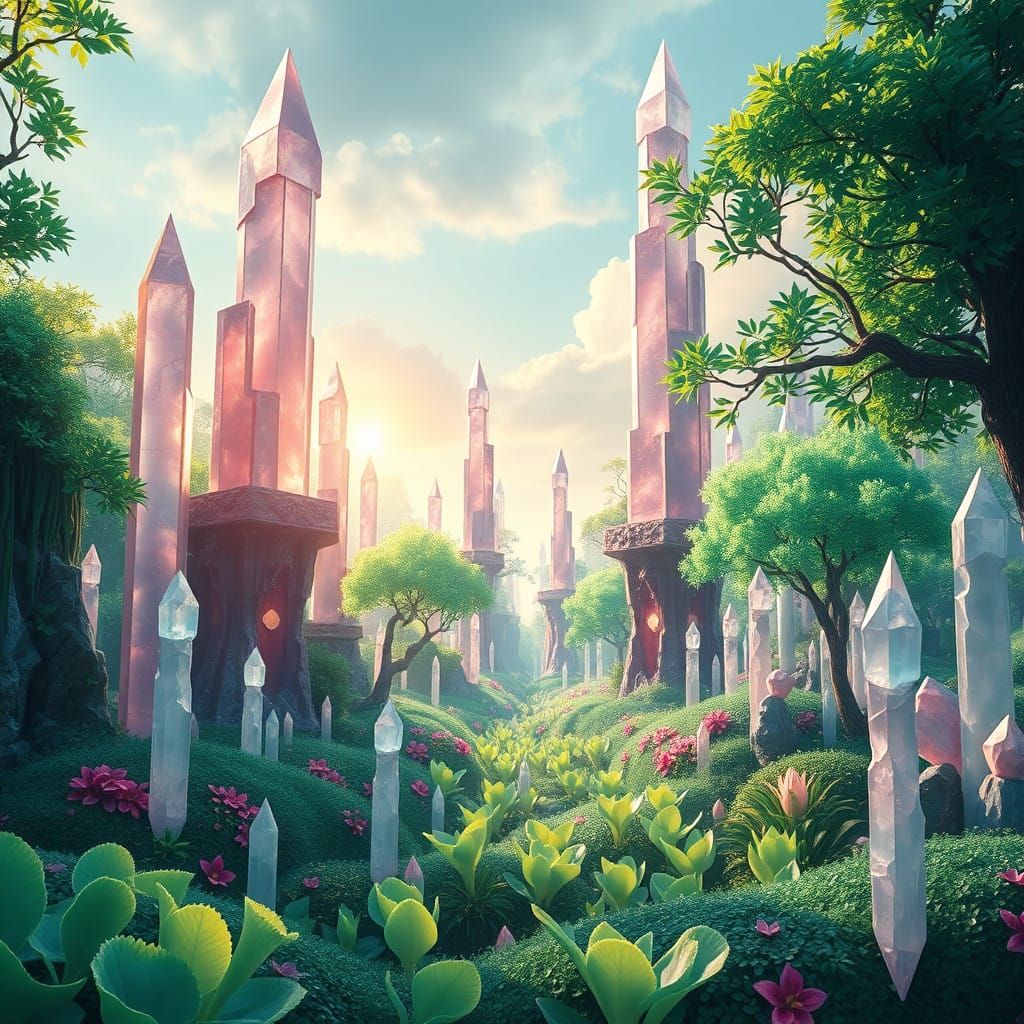 Surreal Garden Landscape with Crystal Spires and Jade Foliag...