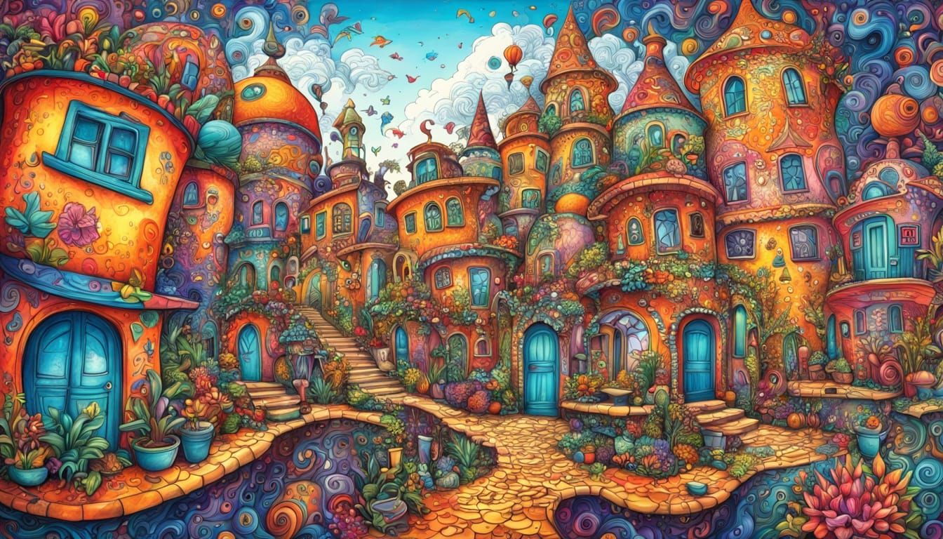 Whimsical Village of Abstract Stucco Buildings with Psychede...