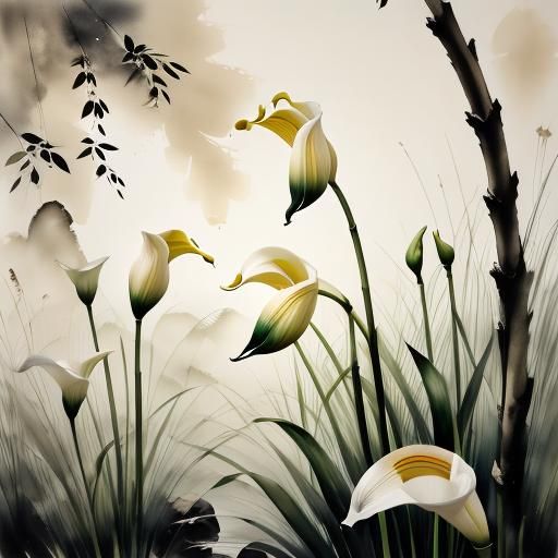 Calla Lilies in Chinese Ink Painting Style