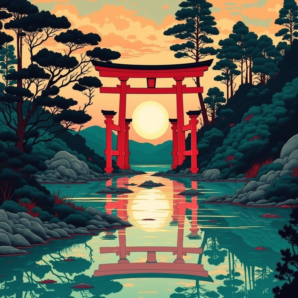 Japanese Torii in Sunrise Serenity