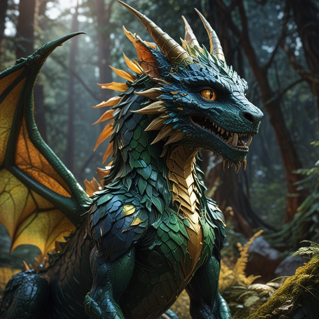 Mystical Green Catdragon in a Fantastical Realm