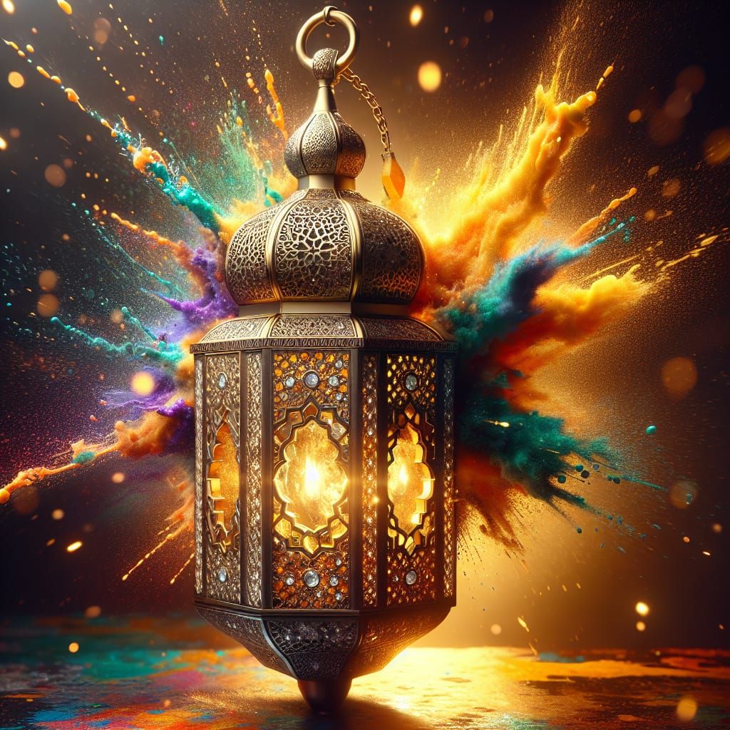 Ornate Moroccan Lantern Reflecting Distant Explosion