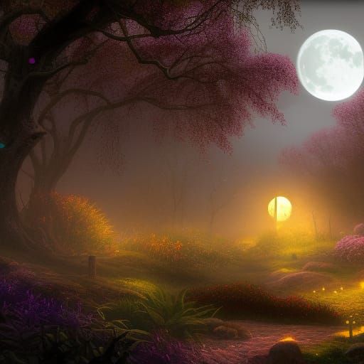 Foggy Garden Under Cloudy Moonlit Sky