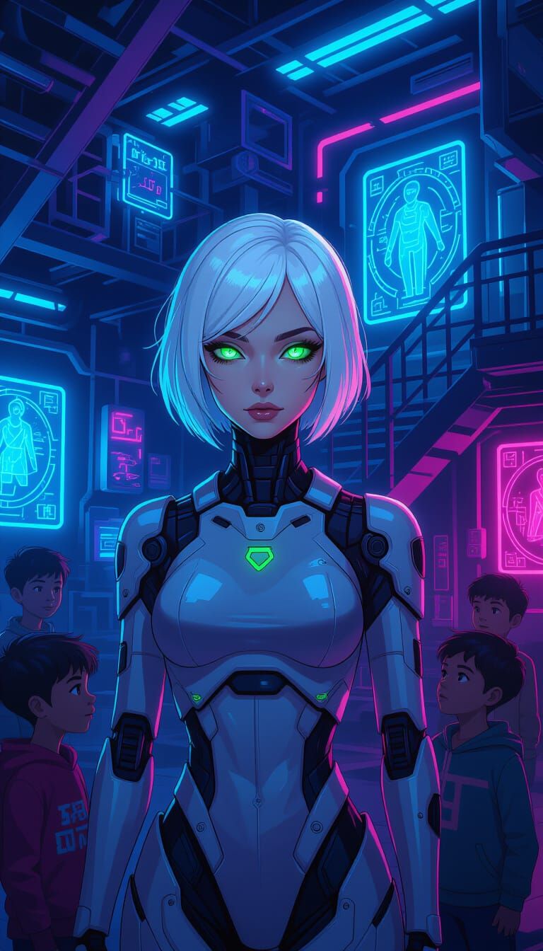 Cyberpunk AI Guardian in Neon Loft