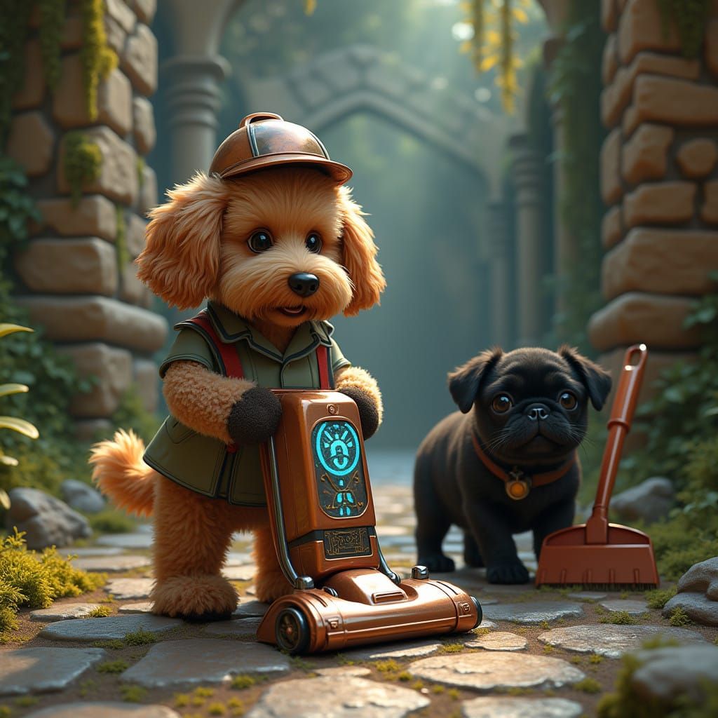 Whimsical Labradoodle Operates Retro-Futuristic Vacuum in Fa...