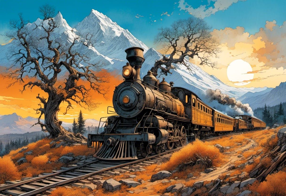 Diesel Train Cresting Hill in Romantic Watercolor Style