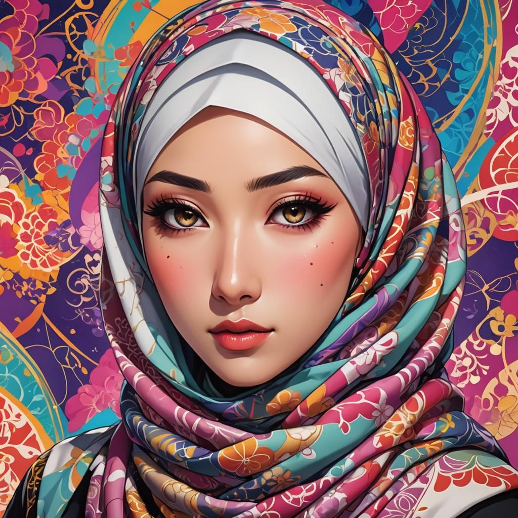 Anime Schoolgirl Portrait with Hijab in Manga Style