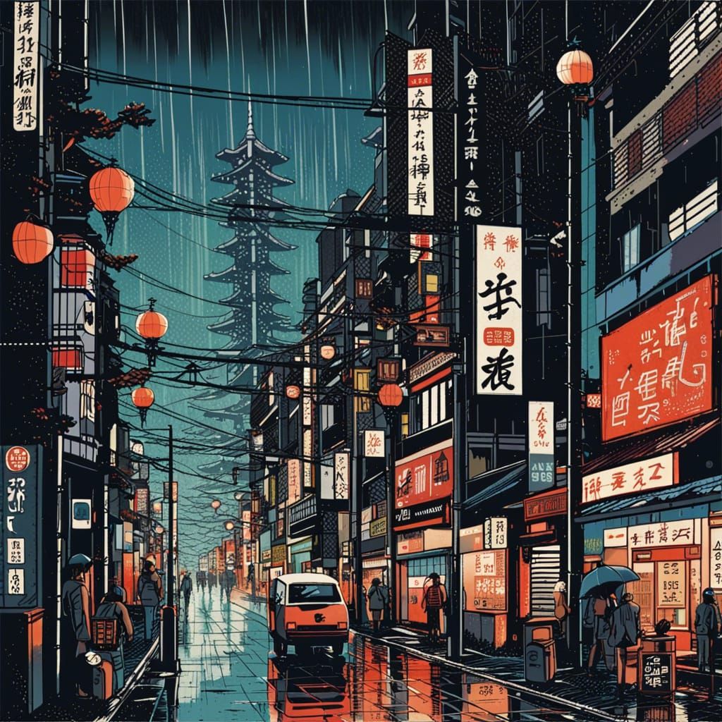 Tokyo High-Tech District in Rainy Autumn Night: Ukiyo-e Styl...