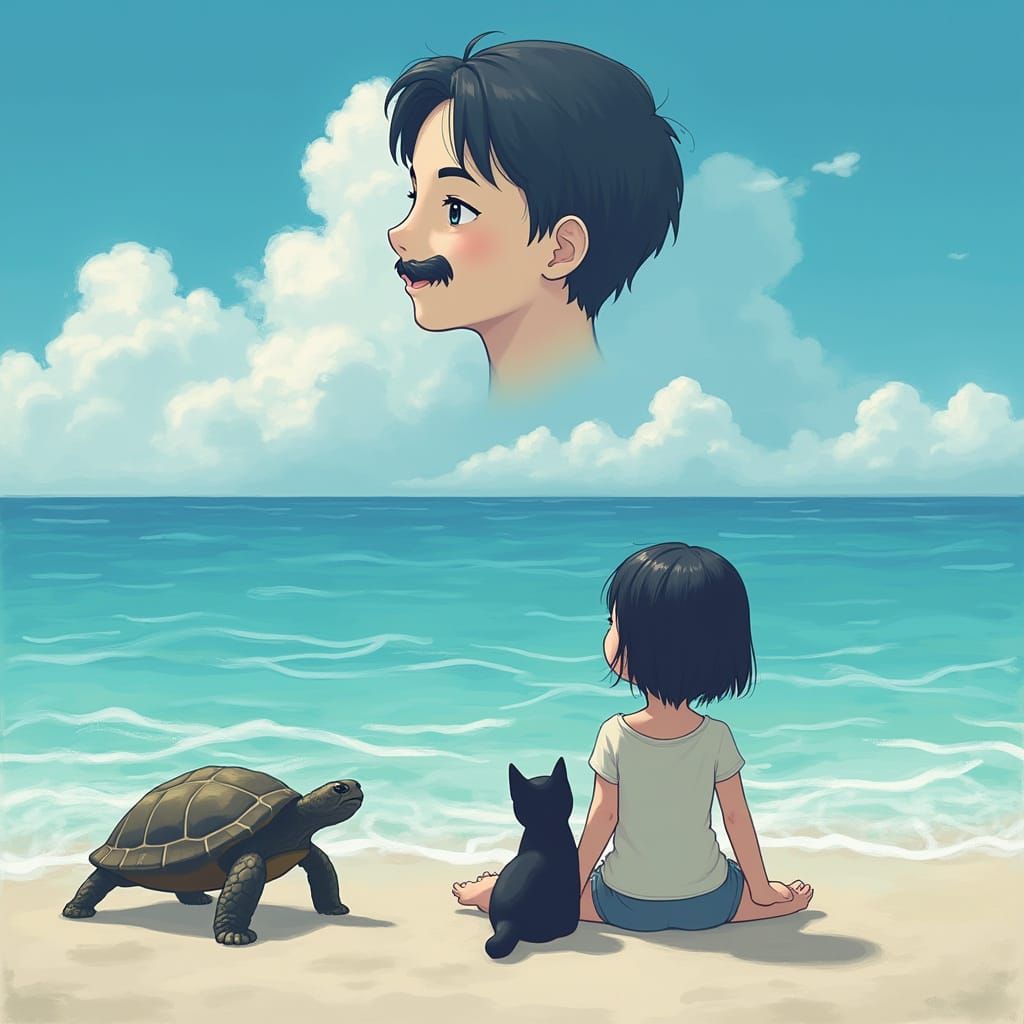 Nostalgic Beach Scene with Child, Cat, and Turtle