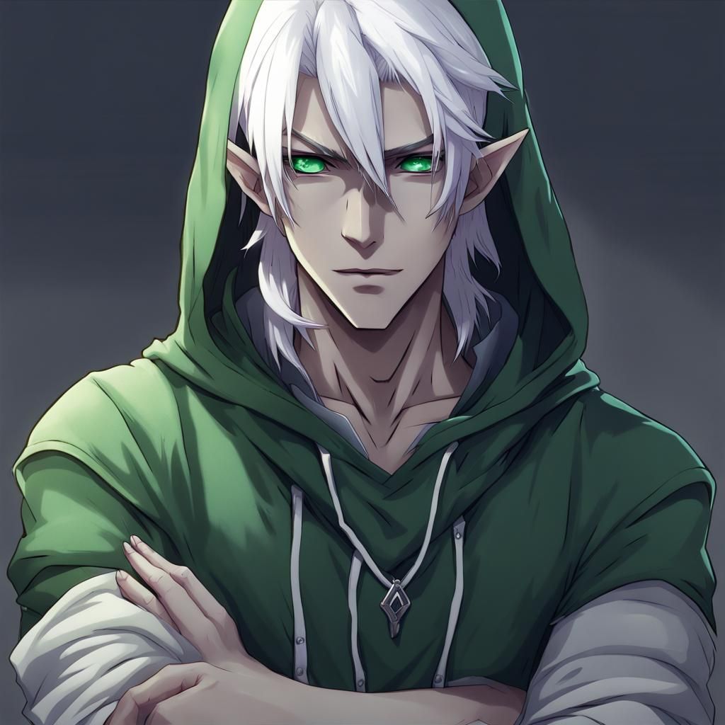 Drow Elf in Anime Style with Green Eyes