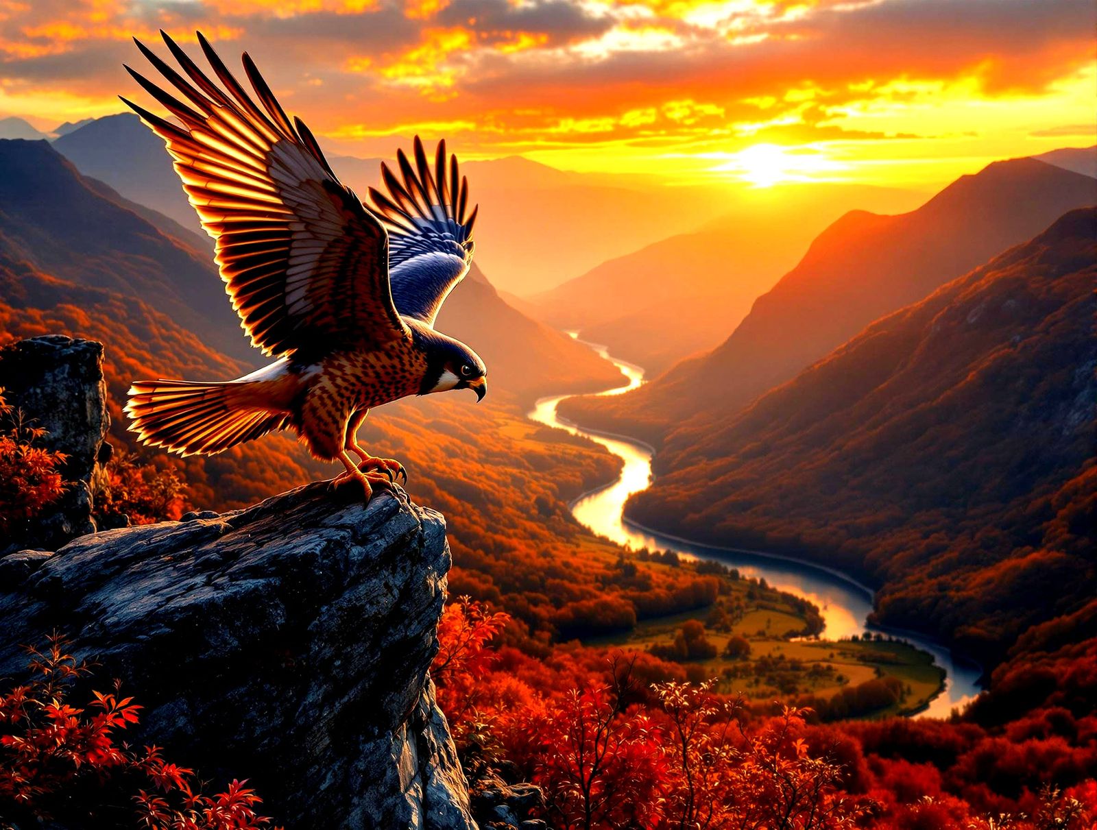 Surreal Autumn Falcon in Panoramic Sunset