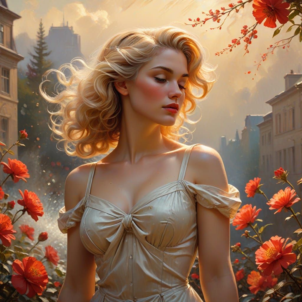 Art Nouveau Blond Woman with Red Flowers