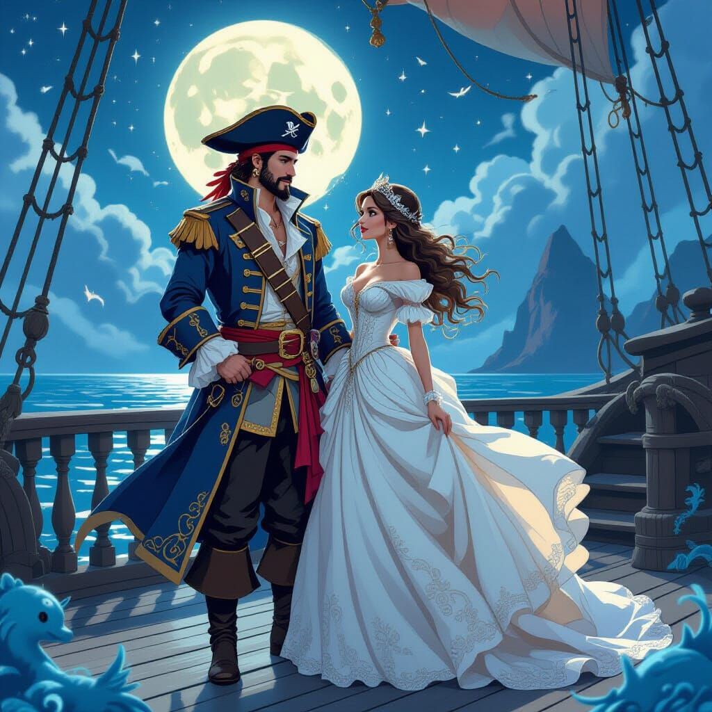 Pirate Captain and Princess on Moonlit Ship Deck