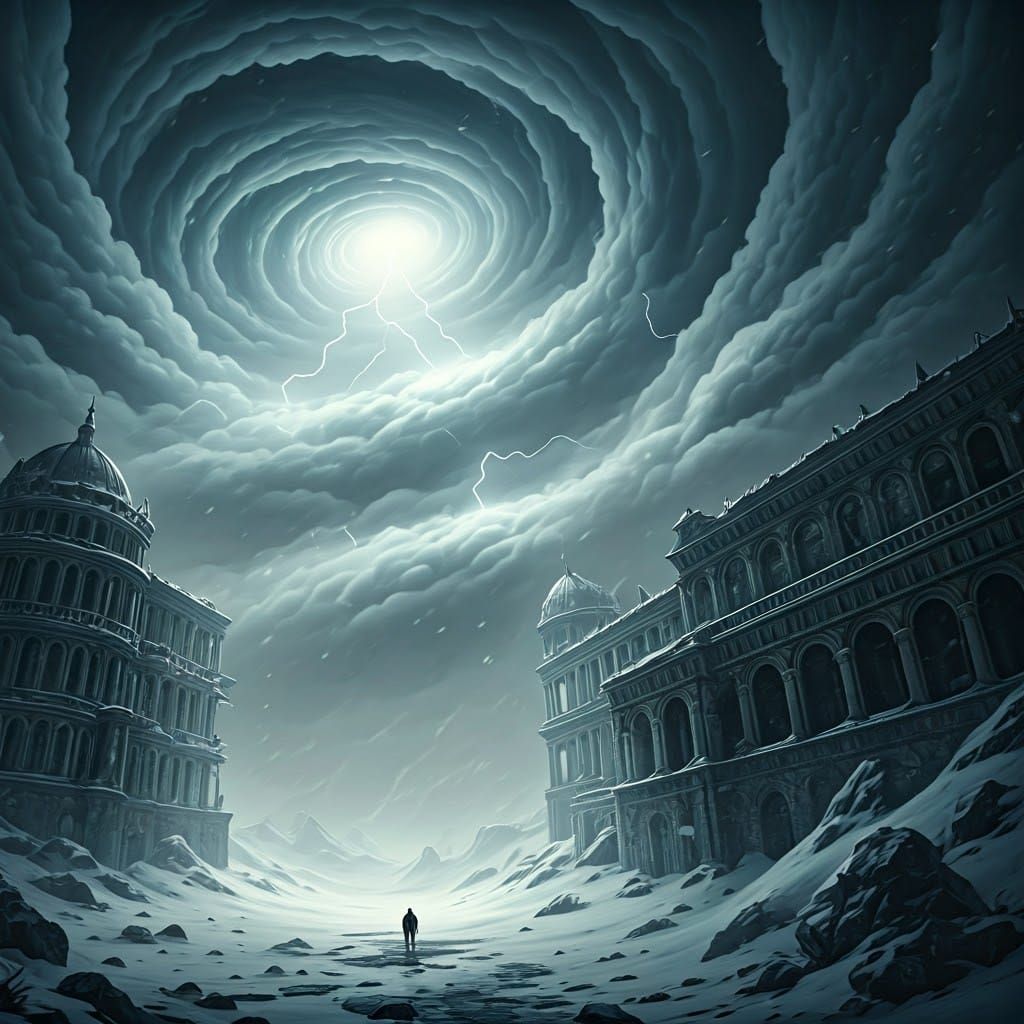 A Blizzard Engulfs Ancient Ruins in a Swirling Vortex of Sno...