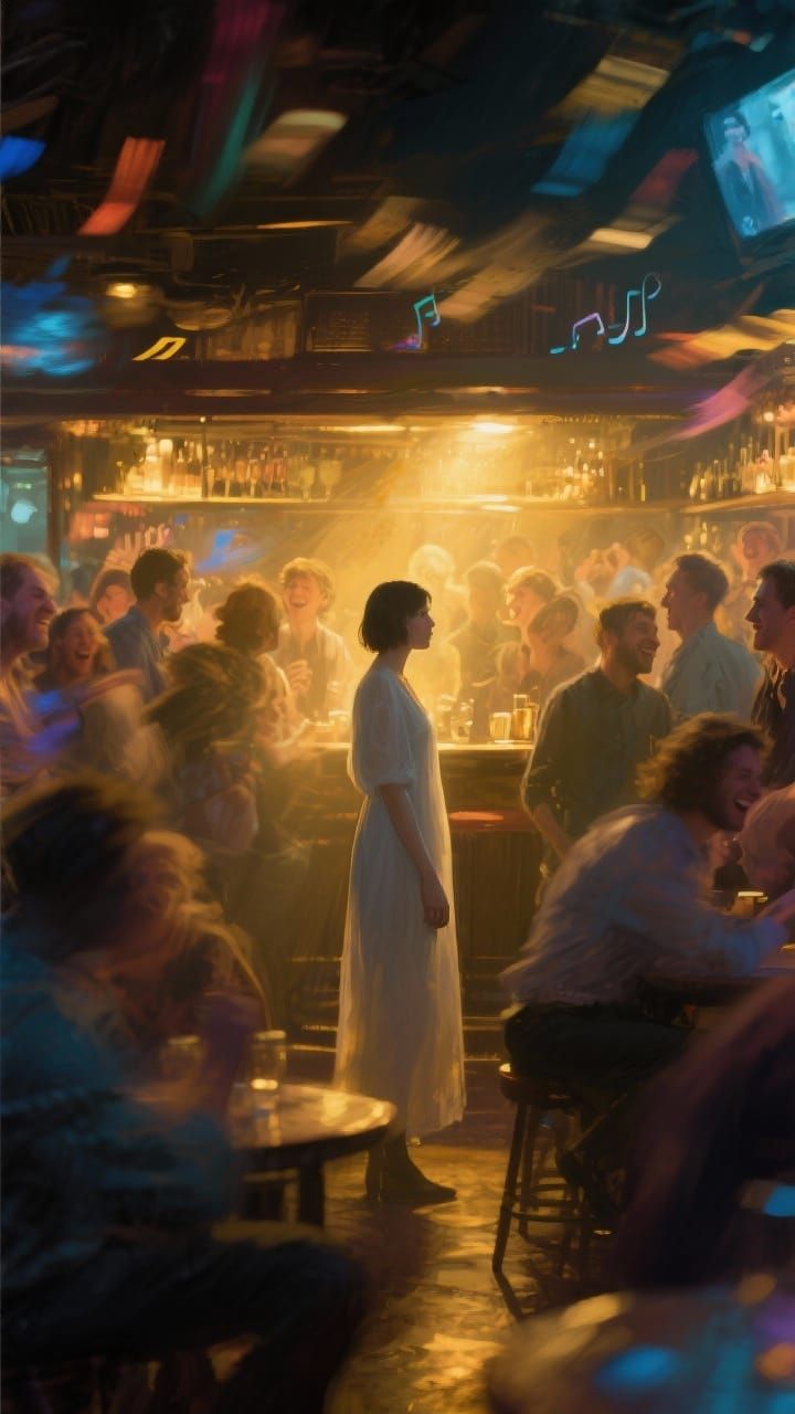 Ethereal Figure Unseen in Bustling Bar