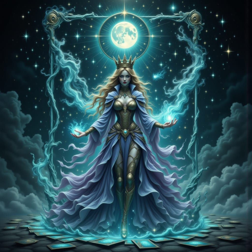 Queen of Clubs Emerges From Card in Eldritch Magic Scene