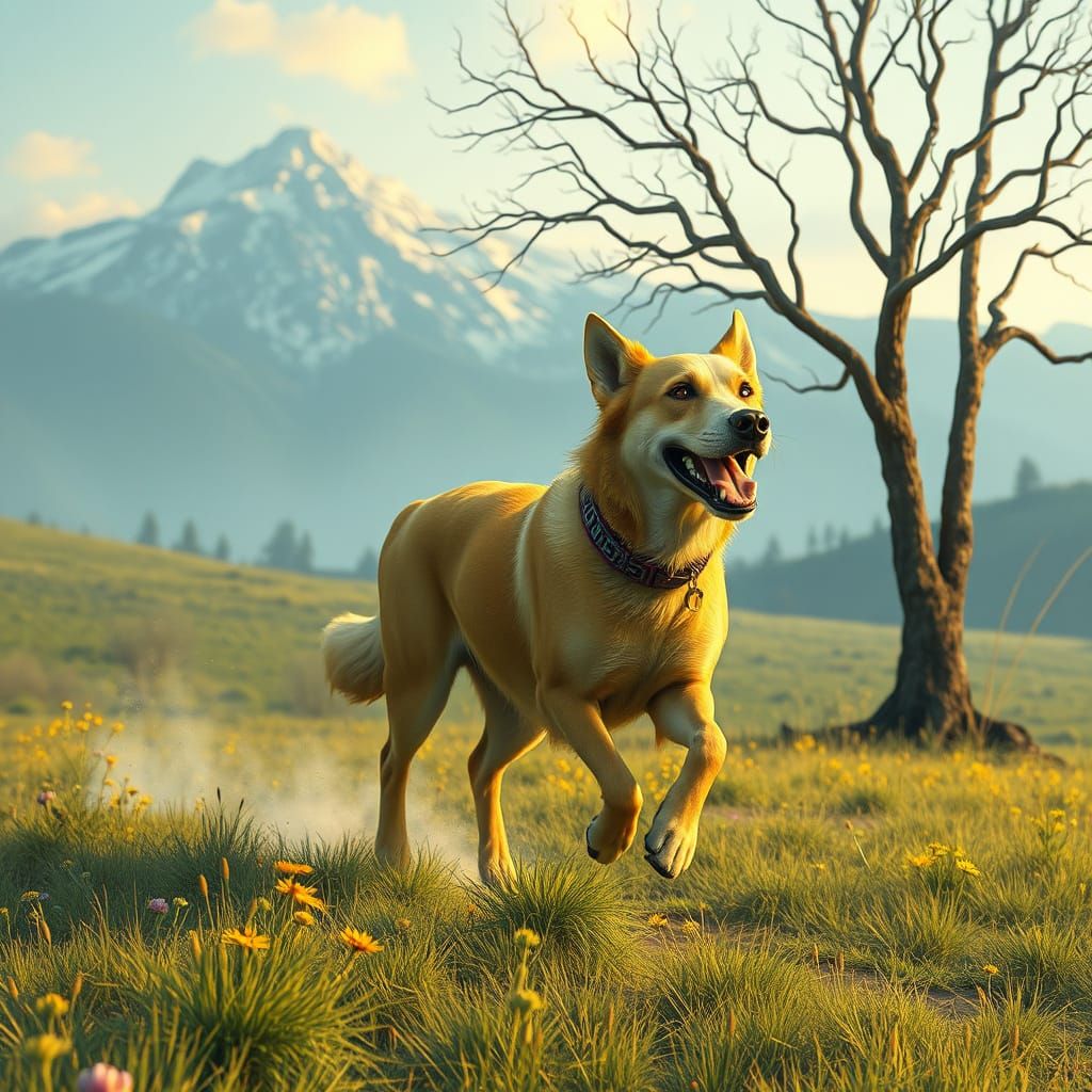 Happy Dog Chases Yellow Ball in Sunny Meadow