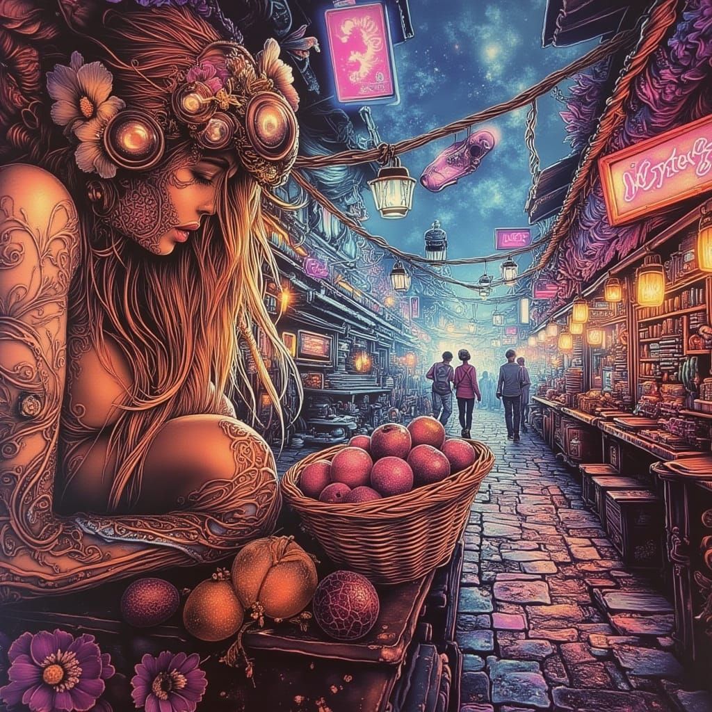 Retro-Futuristic Metropolis Marketplace with Cybernetic Pets