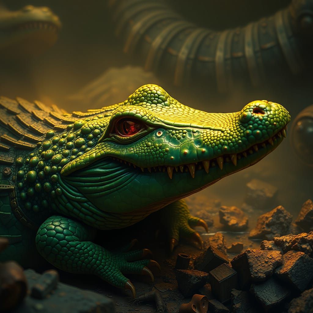 Broccoli Alligator in Eerie Hyperrealism