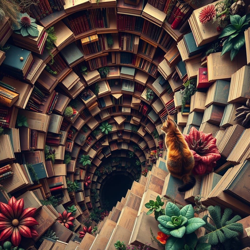 Surreal Staircase to Abyss with Cat, Mixed Media Style