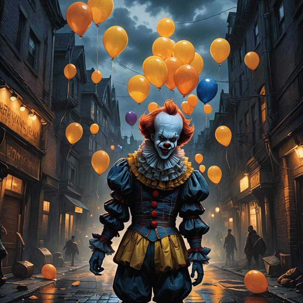 Ominous Pennywise on a Dark Street: Fantasy Art