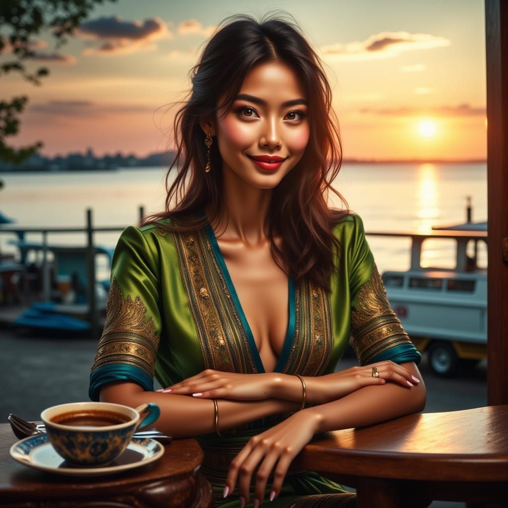 Thai-Chinese Woman at Sunset Coffee Shop in Green Satin Dres...