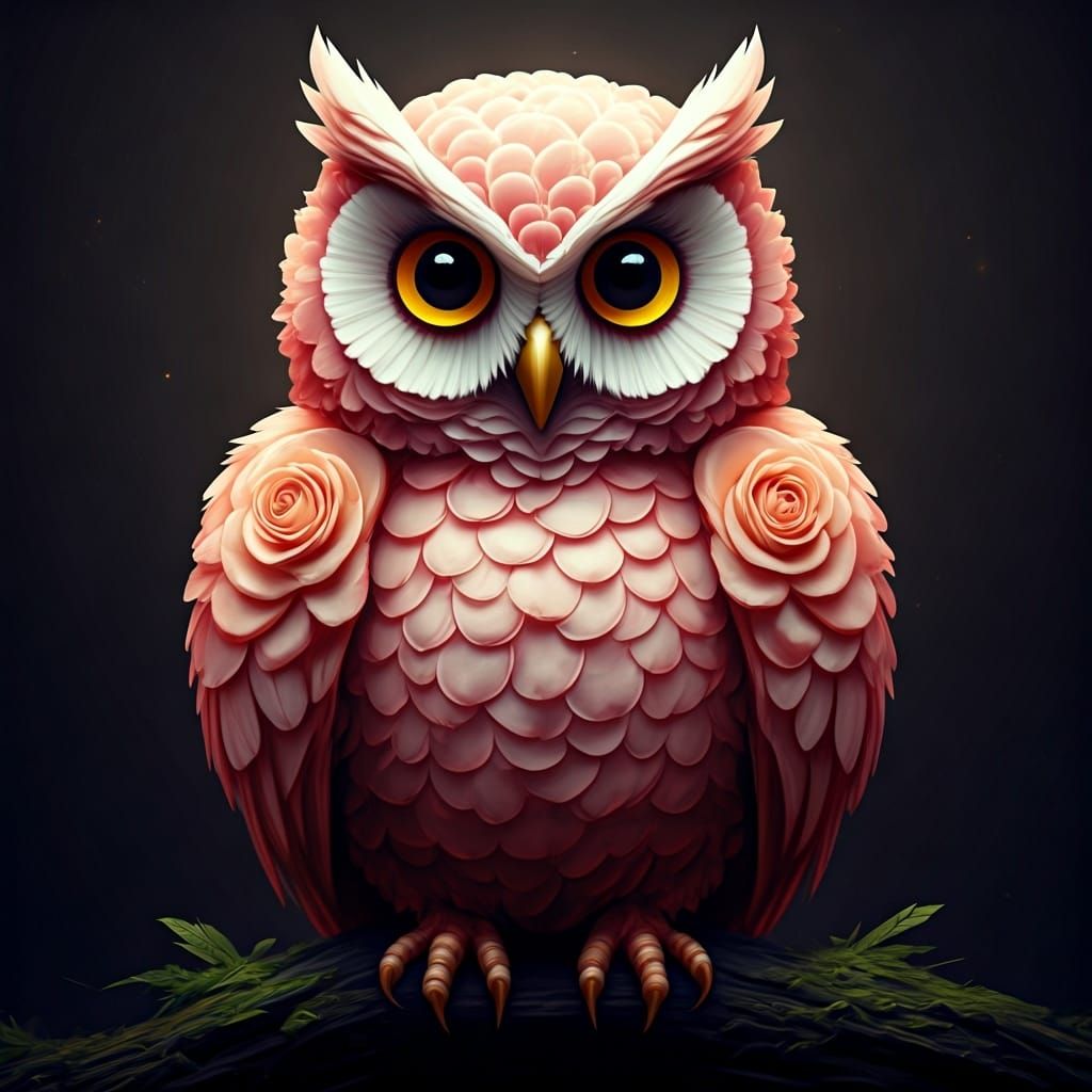 Rose Petal Owl: Digital Illustration with Watercolor Element...