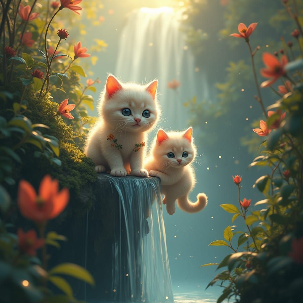Whimsical Kitten Dreamscapes Flowing Over a Misty Waterfall