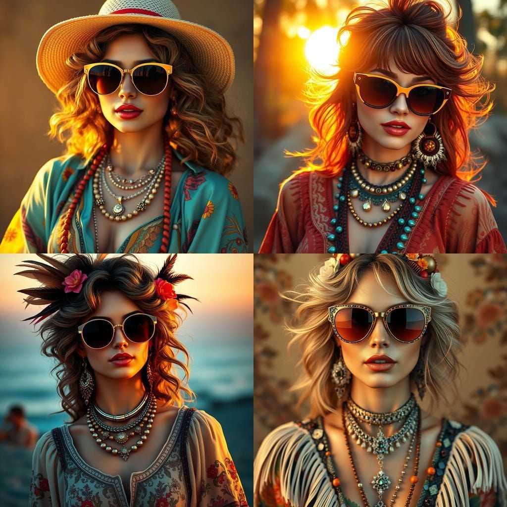 Glamorous Boho Chic Woman in Sunglasses, 70s Style