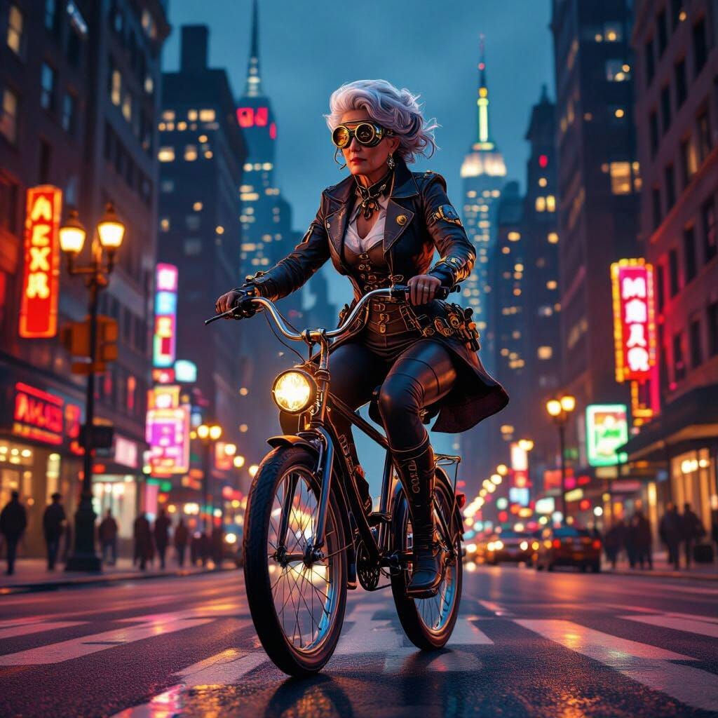 Steampunk Lady Rides Unicycle Through NYC at Night