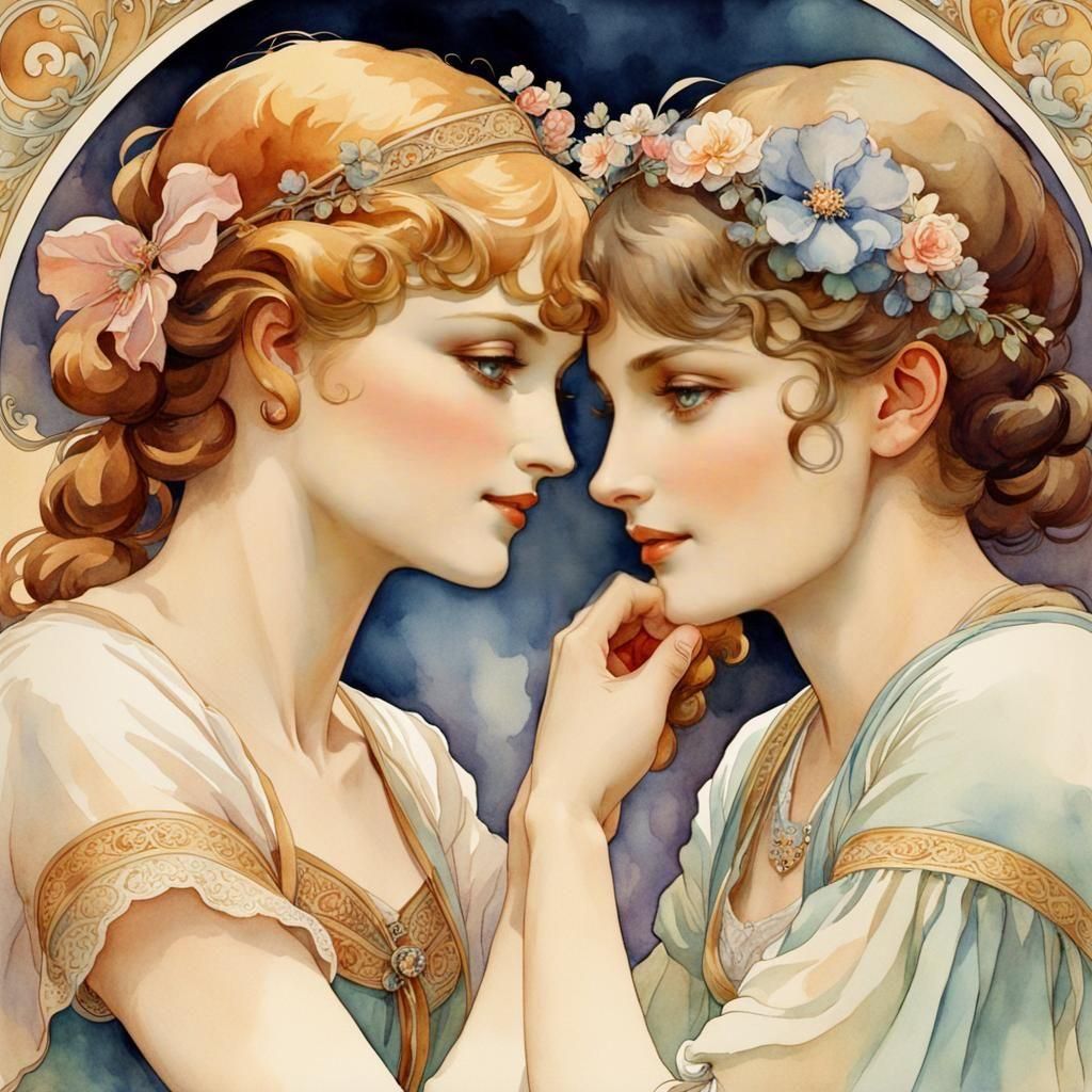 Loving Women Holding Hands in Art Nouveau Style