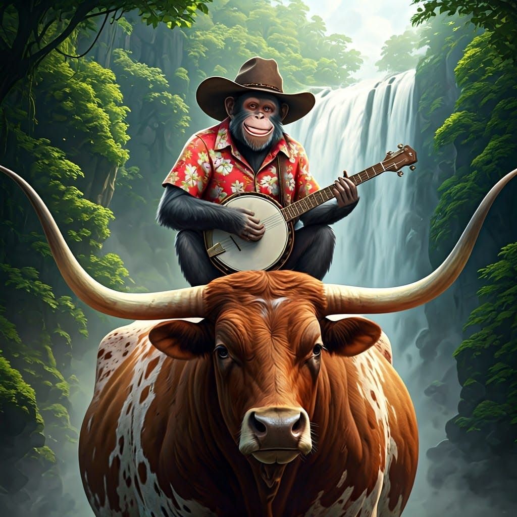 Image composed of pixels. A smiling monkey in Hawaiian garb ...