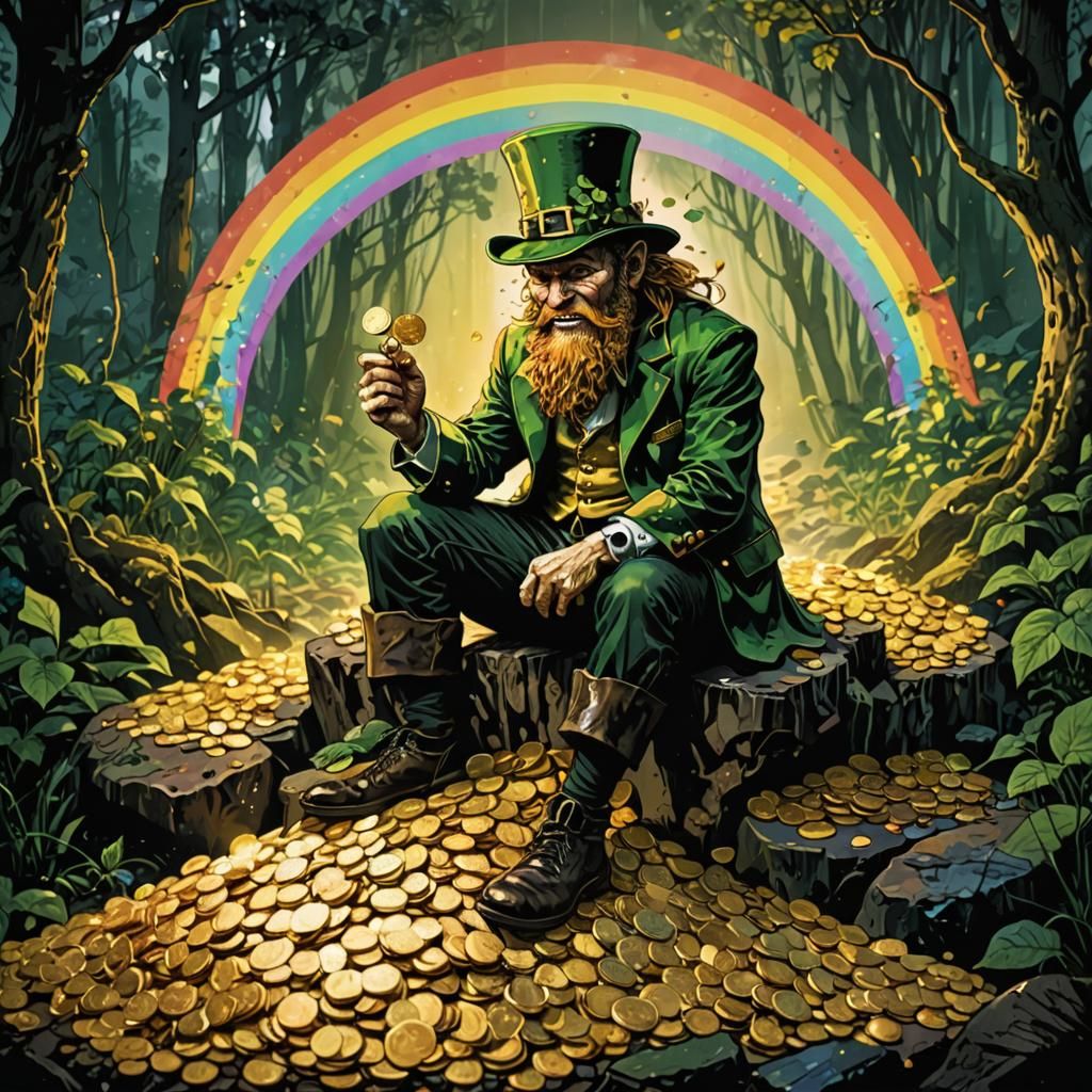 Angry Leprechaun on Rainbow in Dark Fantasy Style