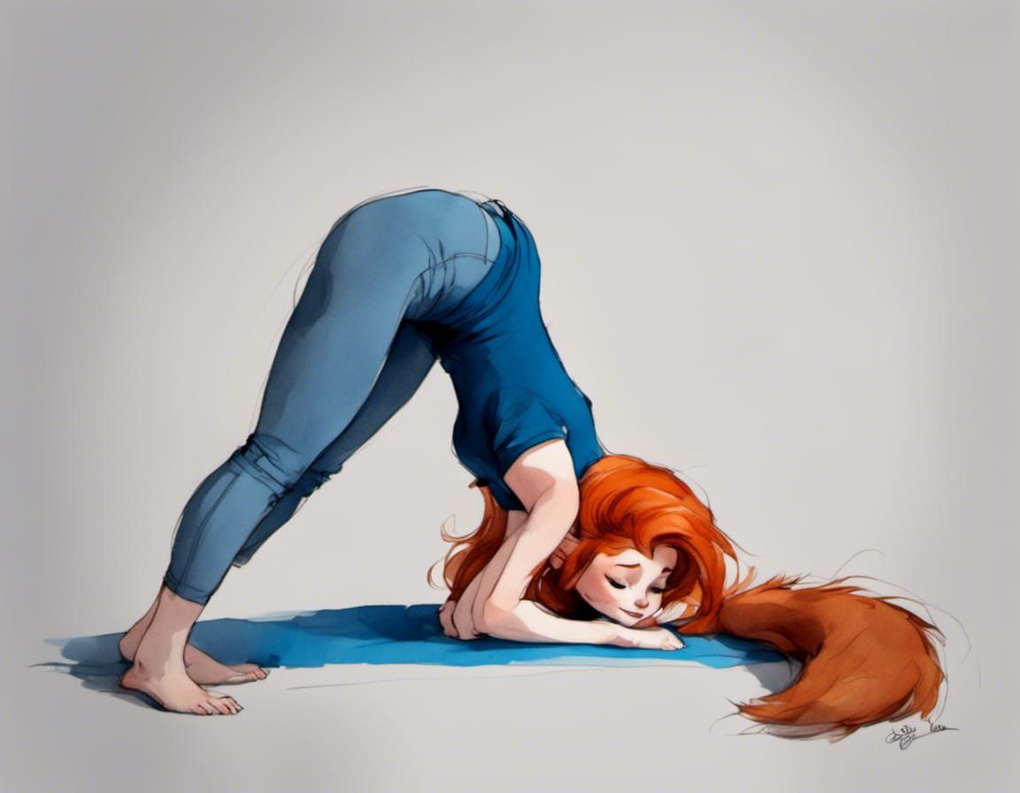 Adorable Fox-girl VIXEN, wearing yoga outfit. Downward dog pose.