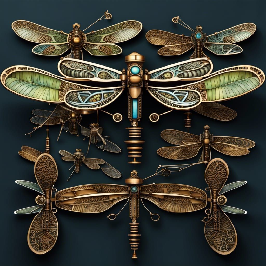 Electromechanical Dragonflies: Hyperrealistic Detailed Rende...
