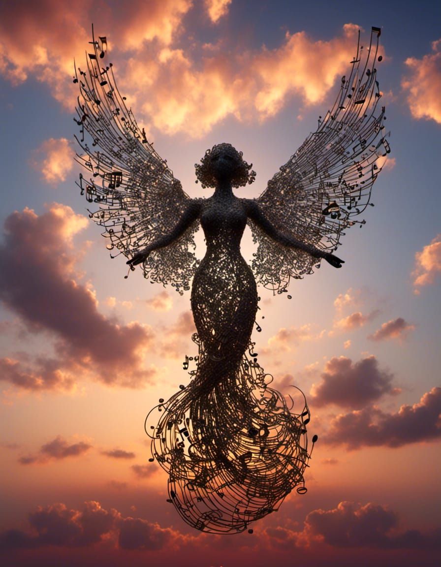 Surreal Angel Sculpture in Sunset Cloudscape as Musical Form