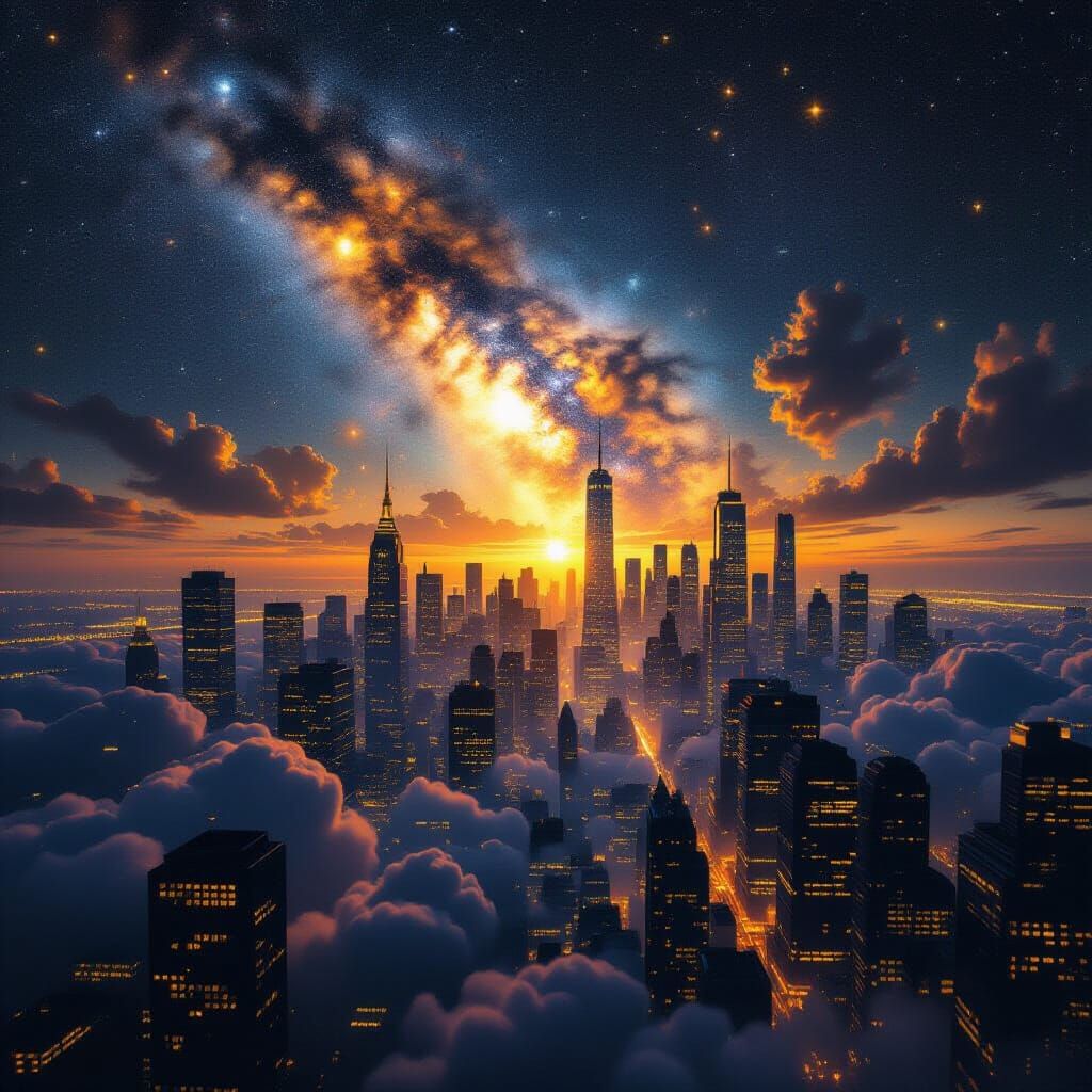 Surreal Cityscape at Night Merged with Cosmic Sky