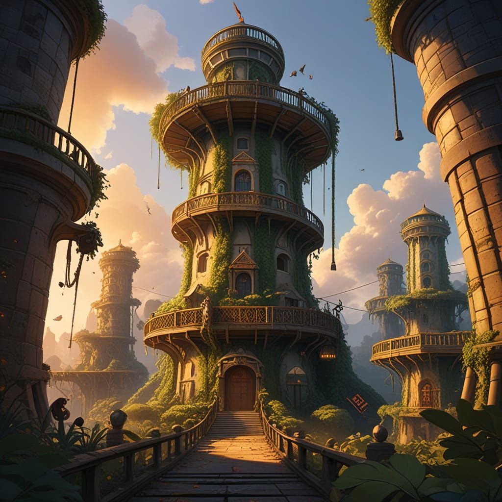 Monkeys in Vibrant Fantasy Tower