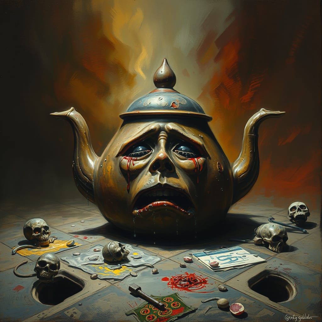 Terrified Teapot in Horror Landscape